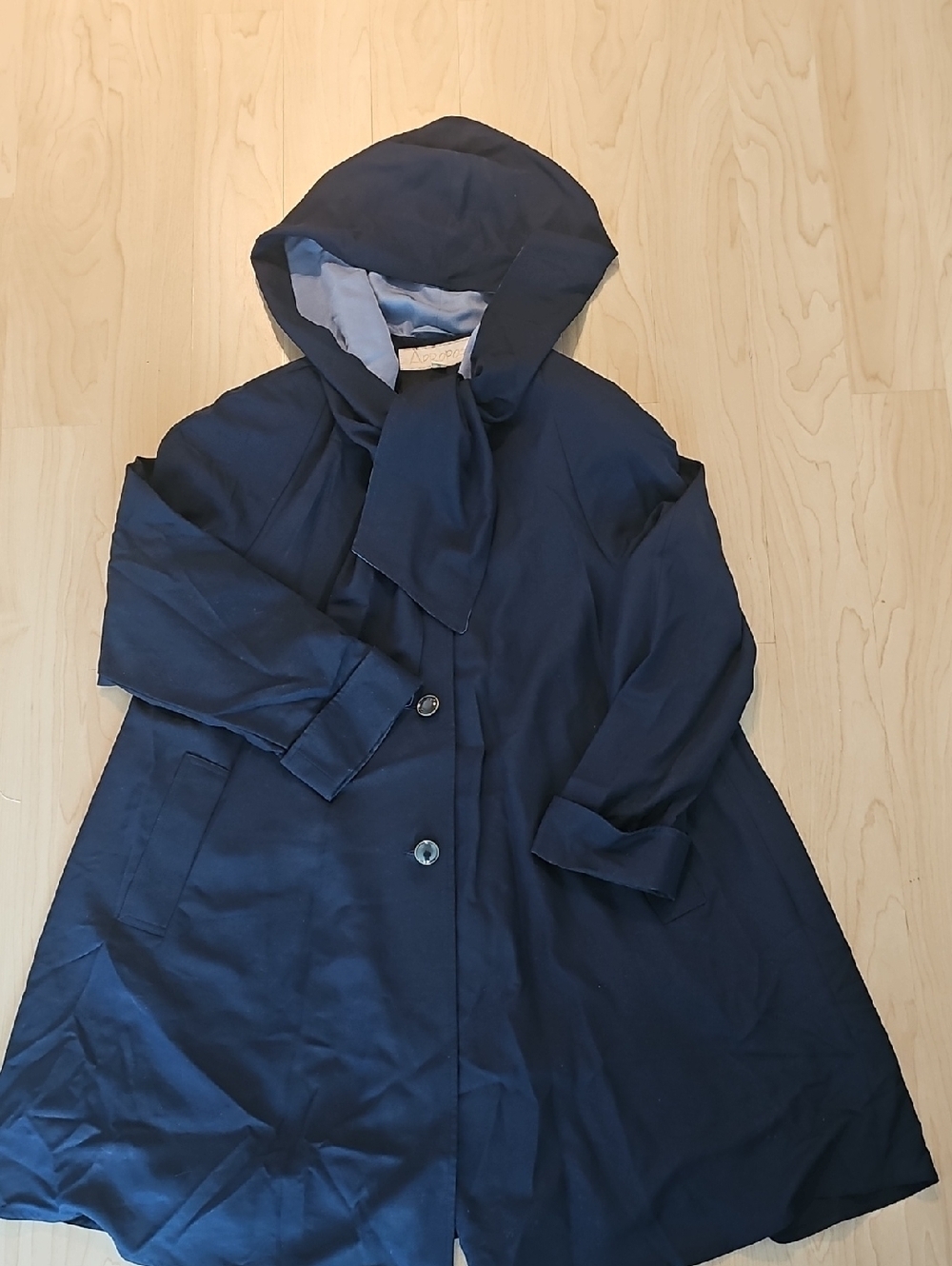 VINTAGE Navy Hooded Button-Front Coat with Scarf Tie